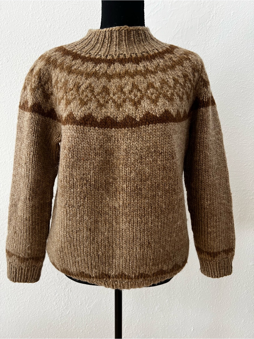Vintage Hand Knit Wool Lopapeysa Sweater Brown Chunky Nordic Fair Isle Yoke Pull